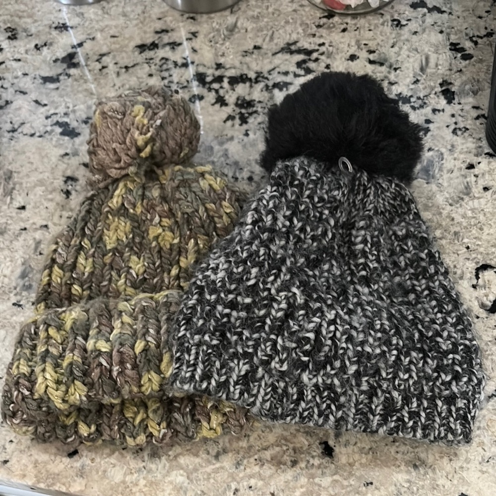 Chunky Knit Beanie Set with Pom-Poms - Gray and Brown